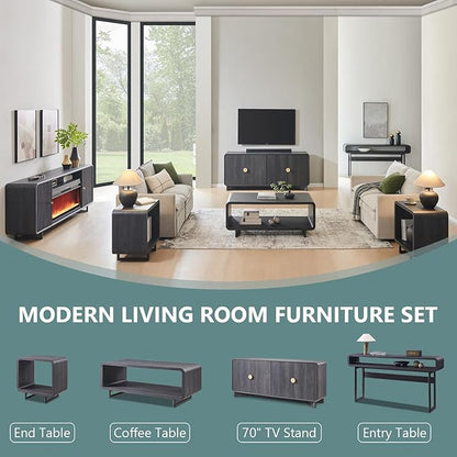 48" Modern Coffee Table, 2-Tier Minimalist Center Table with Storage Shelf, Curved Profile Design, Wooden Rectangular Living Room Table w/Wood Thick Design for Living Room, Office, Dark Grey