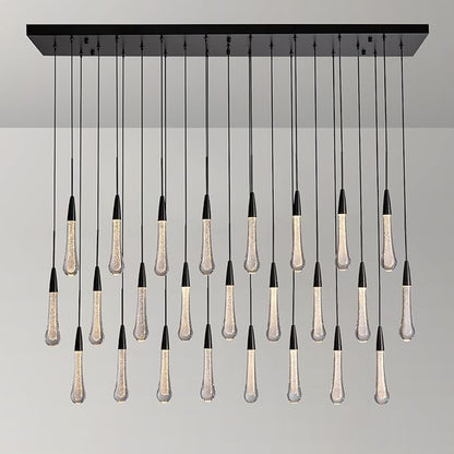 Black Rectangle Raindrop Chandelier with Glass，25-Lights Luxury Farmhouse Large Linear Chandeliers for Dining Room Over Table, Brass Pendant Ceiling Light Fixture for Kitchen Island