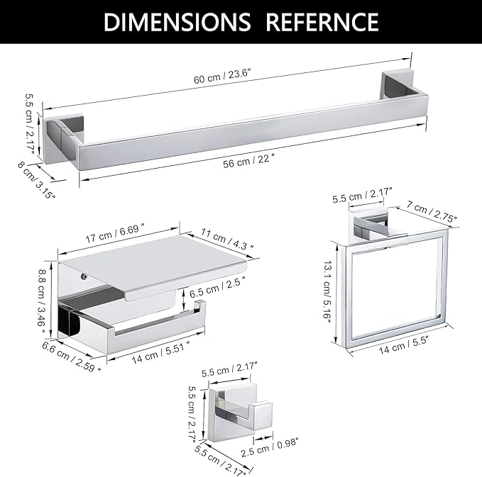 Bathroom Towel Bar Set Toilet Paper Holder with Shelf, Polished Chrome Bathroom Accessories Set, 23.6 Inch Towel Bar Towel Ring Towel Hook 5-Piece Bathroom Hardware Set
