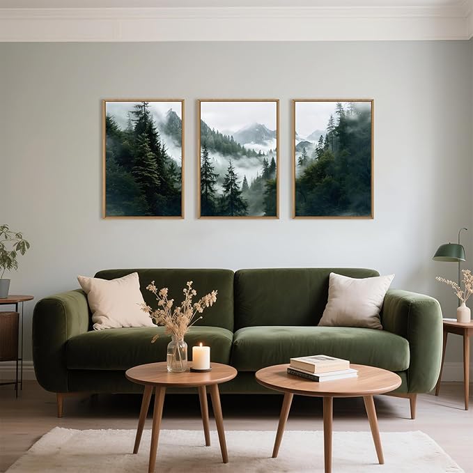HOURIA Boho Forest Mountain Framed Canvas Wall Art Set,Nature Foggy Woodland Ridge Wall Decor,Misty Pine Tree Artwork,Sage Green Botanical Art Prints for Living Room, Bedroom, Farmhouse-24 x36 x3