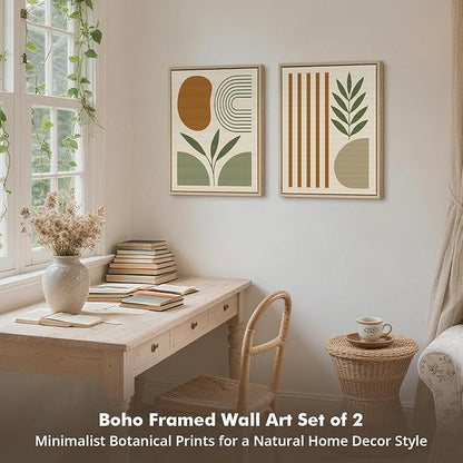 DAJONART Minimalist Boho Wall Art Set of 2,Sage Green & Olive Gray Abstract Prints Duo Framed Canvas for Modern Organic, Japandi, and Bedroom Decor,Neutral Earth-Tone Geometric Wall Decor,12x16 in
