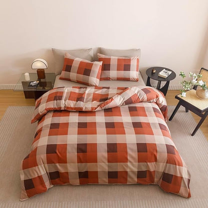 CLOTHKNOW Oange Brown Khaki Comforter Set Twin/Twin XL Buffalo Check Bedding Comforter Sets Plaid Comforter Soft Lightweight Fluffy
