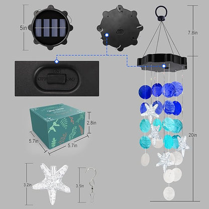 Solar Shell Gift for Mom Grandma Girls, White & Blue Christmas Solar Wind Chimes for Outside, Outdoor Decorative Mobile Lights for Garden, Yard, Patio, Window, Party, Outdoor Decorations