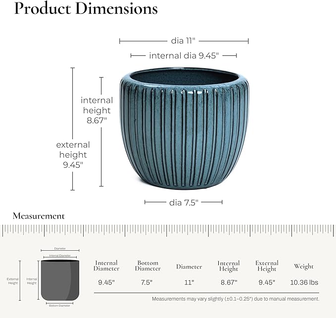 LuxenHome 11" Dia Ceramic Planters, Indoor Outdoor Large Plant Pots with Drainage Holes and Rubber Plug, Modern Glazed Decorative Flower Pots, Sea Green Ribbed Round Planters for Home Garden Patio