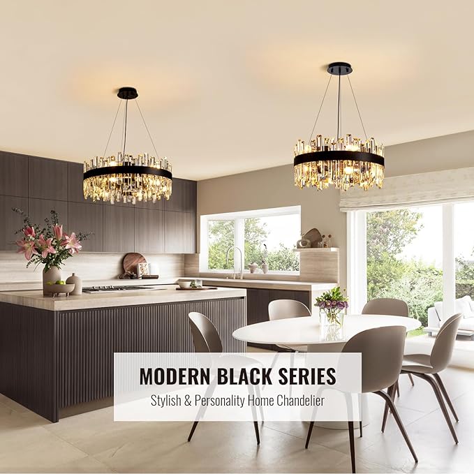 Siljoy Black Crystal Chandelier for Dining Room, Modern 2-Tiers K9 Crystal Raindrop Chandelier 12 Lights Dimmable Farmhouse Pendant Ceiling Light for Living Room Kitchen Island Entry Foyer D19.7''