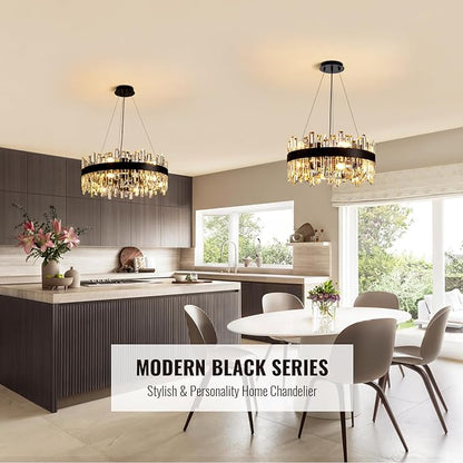 Siljoy Black Crystal Chandelier for Dining Room, Modern 2-Tiers K9 Crystal Raindrop Chandelier 12 Lights Dimmable Farmhouse Pendant Ceiling Light for Living Room Kitchen Island Entry Foyer D19.7''