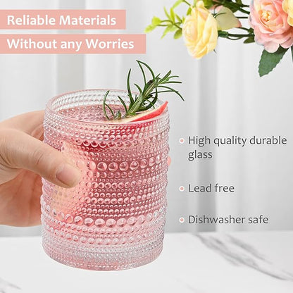 Vintage Glassware Drinking Glasses Set of 6,12 oz Hobnail Glass Cups,Embossed Clear Water Tumbler,for Beer,Cocktail,Whiskey,Juice and Various Mixed Drinks- 1 Cleaning Brush
