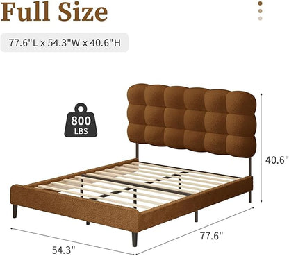 BarnFurin Full Size Bed Frame, Platform Bed with Soft Teddy Boucle Upholstered Headboard, Wooden Slats Support, Two Bed Forms Design, No Boxing Spring Needed, Easy Assembly, Brown