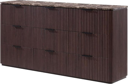 Fluted 9 Drawer Dresser for Bedroom, 63" Wide Modern Chest of Drawers with Faux Marble Top, Curved Corners, Wooden Dresser TV Stand with Organizer Storage for Living Room (Dark Oak, 63" W)