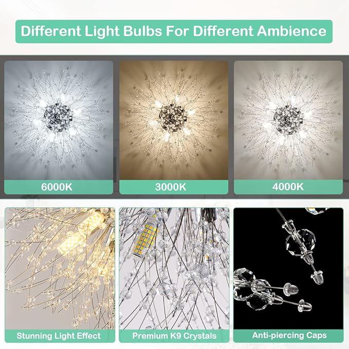 HMVPL Crystal Flush Mount Ceiling Light Fixture with Pull Chain On/Off Switch, LED Close to Ceiling Lamp, Pull Chain Light Fixture Ceiling Mount, Modern Crystal Chandelier for Kitchen Bedroom Entryway