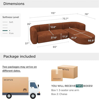 Acanva Luxury Modern Tight Curved Back Velvet Sofa, Minimalist Style Comfy Couch for Living Room Apartment, L-Shape Right Chaise, Tangerine