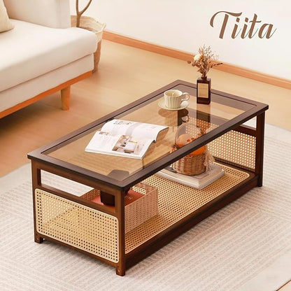 Tiita Coffee Tables for Living Room，Mid Century Modern Storage 2-Tier Coffee Tables，Rattan Glass RectangleTables，Suitable for Living Room Apartment，Brown