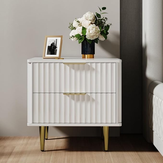 homary Modern Night Stand, White Night Stand with Drawers, Bedside Table with Gold Metal Legs for Bedroom Living Room