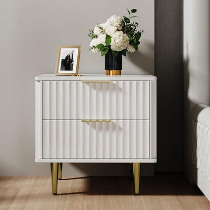homary Modern Night Stand, White Night Stand with Drawers, Bedside Table with Gold Metal Legs for Bedroom Living Room