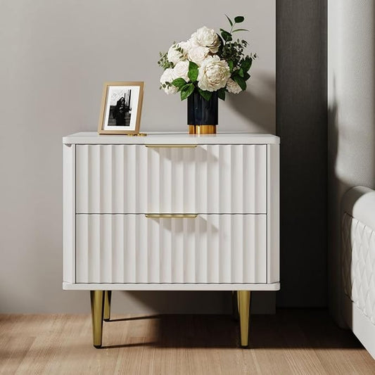 homary Modern Night Stand, White Night Stand with Drawers, Bedside Table with Gold Metal Legs for Bedroom Living Room