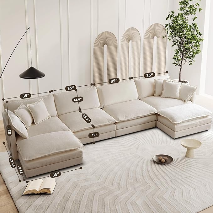 SoarFlash Chenille Sectional Sofa, Comfy L/U Shaped Modular Coush Sofa with Ottoman, Modern 4 Seat Couch Deep Seat Sofa Set for Living Room,Light Coffee