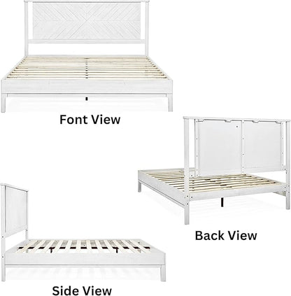 Bme Vivian 14 Inch Deluxe Bed Frame with Headboard, Rustic & Scandinavian Style with Solid Acacia Wood, No Box Spring Needed, 12 Strong Wood Slat Support, Easy Assembly, King, Rustic White
