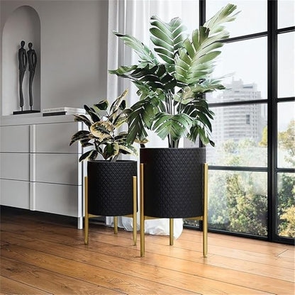 LuxenHome 2-Piece Diamond Pattern Round Metal Cachepot Planter Set, Black Planter with Gold Stands Set of 2 Indoor Plant Pots Large Floor Plant Pot for Plants, NOT Waterproof