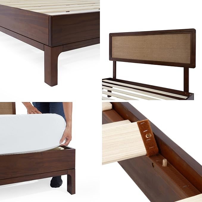 Bme Nipe 14 Inch Deluxe Bed Frame with Adjustable Headboard - Rustic & Bohemian Unique Style with Acacia Wood - No Box Spring Needed - 12 Strong Wood Slat Support - Easy Assembly - Twin, Walnut