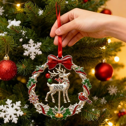 Christmas Ornament 2025 for Tree Hanging Decorations Dated 2025 Christmas Wreath Ornament with Rotatable Reindeer Metal Xmas Ornament for Holiday Decorative Keepsake Gifts