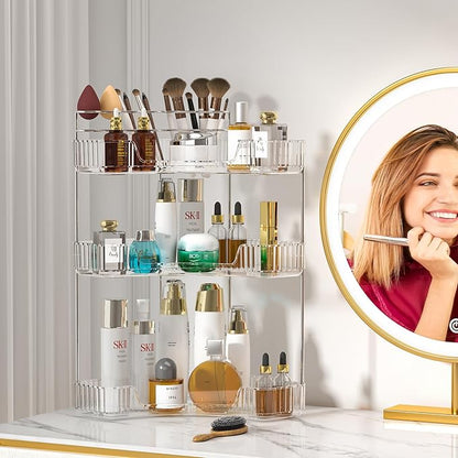 SUNZOS 3-Tier Corner Bathroom Counter Organizer, Bathroom Organizer Countertop with Makeup Brush Holder, Vanity Makeup Cosmetic Storage, Corner Storage for Kitchen, Dresser