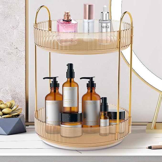 Rotating Makeup Organizer Countertop 2 Tier Lazy Susan Clear Skincare Perfume Storage for Bathroom Counter Vanity, Amber Gold