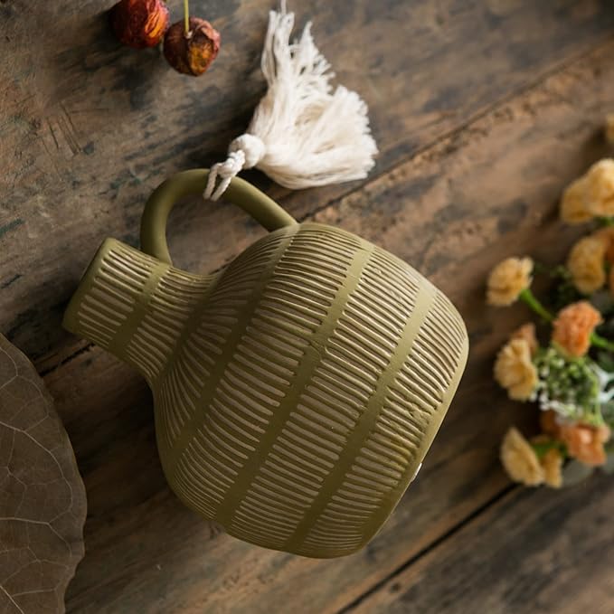 Farmhouse Vase with Handle and Tassel, Grey Yellow Vertical Stripes Design Clay Vase 10'' Tall - Ceramic Flower Vase for Rustic Home Decor, for Fireplace Kitchen Living Room Centerpieces