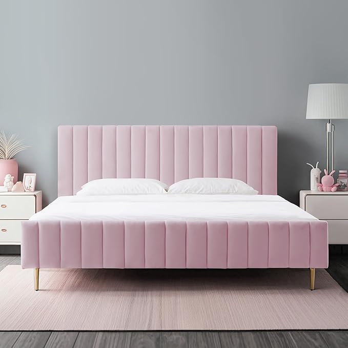 Livinia King Size Elton Velvet Platform Bed, Upholstered Bed Frame with Vertical Channel Tufted Headboard Footboard, Strong Wood Slats, No Box Spring Needed, Pink (King)
