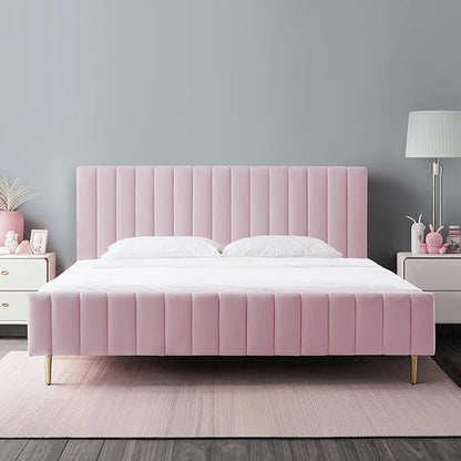 Livinia King Size Elton Velvet Platform Bed, Upholstered Bed Frame with Vertical Channel Tufted Headboard Footboard, Strong Wood Slats, No Box Spring Needed, Pink (King)