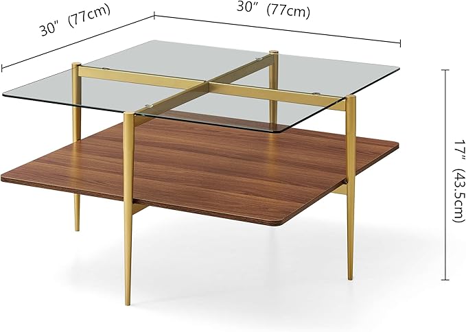X-Large Oval Glass Coffee Table, Mid-Century Modern Design, L47 x W24 x H17 inch, for Living Room, Clear Glass Top and Walnut Finish Wood Shelf, Conical Legs with Gold Finish Frame