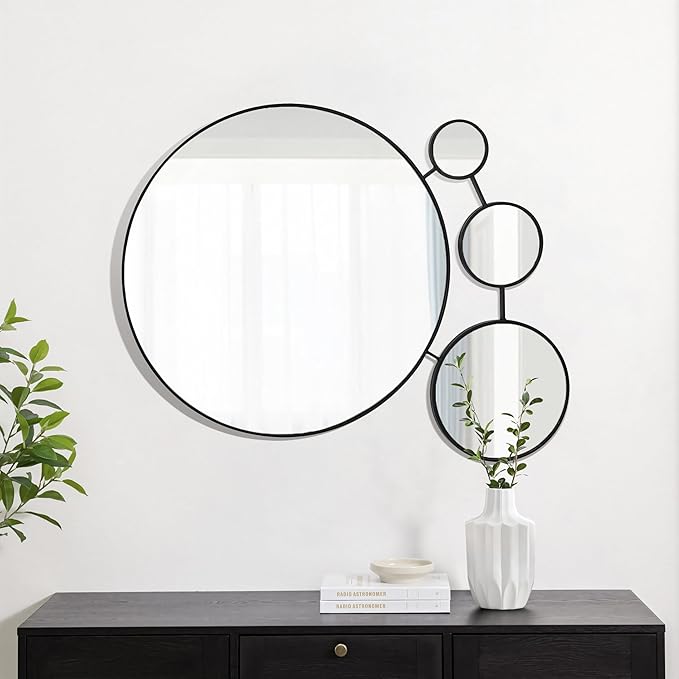 LuxenHome 34.5"x24.5" Circles Wall Mirror, Black Metal Frame Iron Loops Round Decorative Wall Decor, Modern Accent Mirror for Vanity Living Room Bedroom Bathroom Entryway Corner