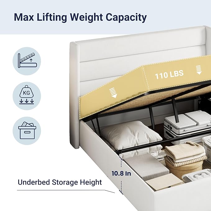 Allewie Full Size Velvet Lift Up Storage Bed, Modern Wingback Headboard, Hydraulic Support, No Box Spring Needed, White