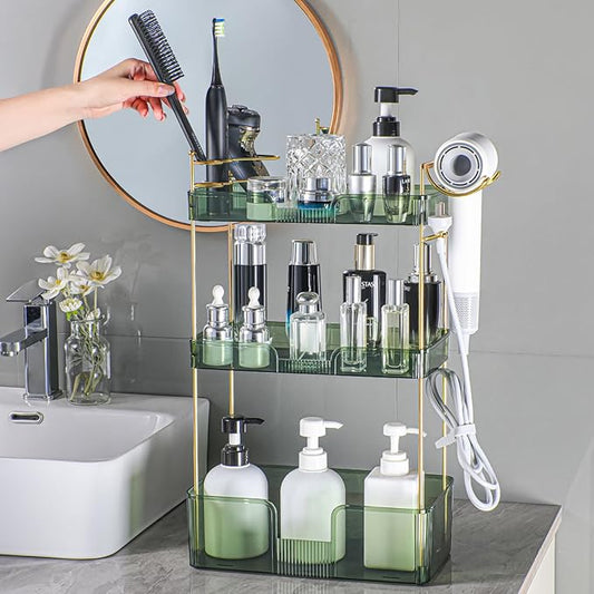 3 Tier Bathroom Organizer Countertop Makeup Perfume Skincare Organizer Comes with Hair Dryer Rack and Toothbrush Holder for Bathroom Dresser Vanity (Green)