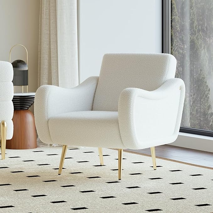 homary White Boucle Accent Chair with Gold Metal Legs, Modern Plush Armchair for Living Room, Reading Chair with High-Density Foam Cushion
