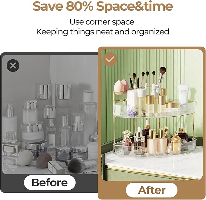 FELIZHOUSE 2-Tier Makeup Organizer for Vanity & Bathroom Countertop – Acrylic Storage Shelf with Perfume Makeup Brush Holder, Tool-Free Installation, Design for Bathroom & Dresser - Clear