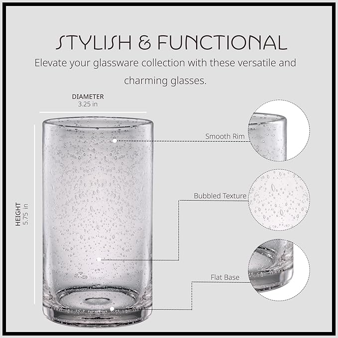 Artland 17oz Highball Tumbler, Set of 4 | Iris Seeded Design, Clear | Drinking Glass for Parties and Everyday Use - Mojito, Whiskey, Cocktail | Glassware & Kitchenware Essentials