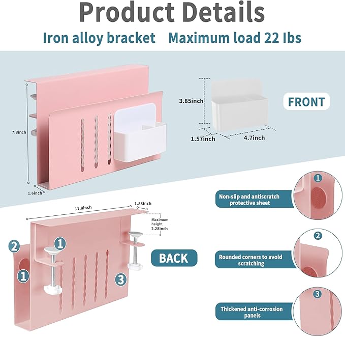 Desk Side Storage Under Desk Laptop Holder, No Drill Hanging Desk Organizer with Pen Holder, Clamp-On Table Side Desktop Organization Mount for Office and Home (Pink)