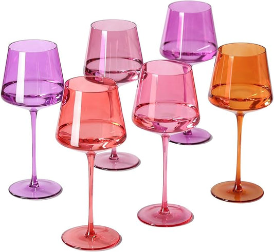Colored Wine Glasses Set of 6 – 18oz Hand-Blown Crystal Stemmed Wine Glasses, Vibrant Sunset Square stemware for Red & White Wine, Unique Gift for Wedding, Anniversary, Birthday