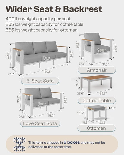 Aluminum Outdoor Patio Furniture Set with Table, 7 Piece Patio Conversation Sets Outdoor Chair with Thick Cushion, Ottomans, Patio Sectional Furniture Set for Porch, Balcony, Deck, Yard, White