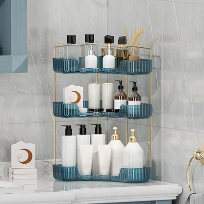 Corner Bathroom Counter Organizer Bathroom Countertop Shelf Makeup Organizer for Vanity Perfume Corner Storage (3 Tiers, Blue)