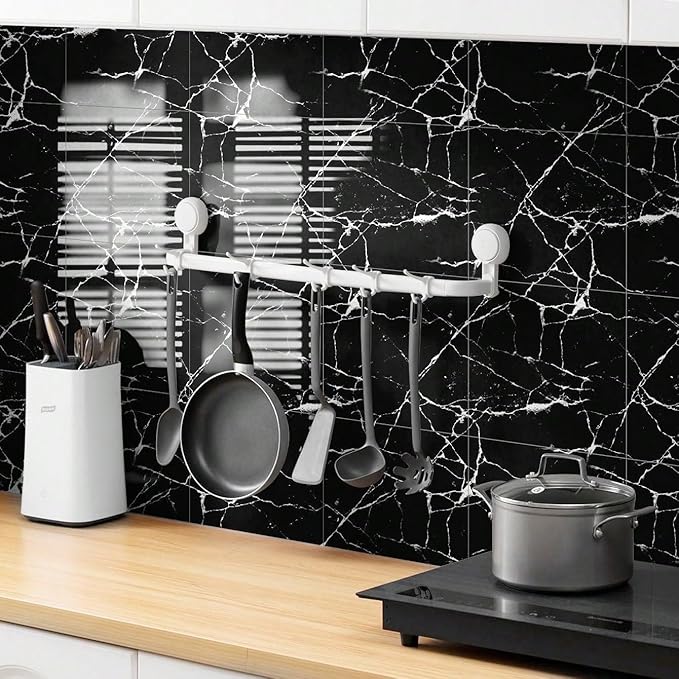 22pcs Marble Peel and Stick Backsplash Waterproof Washroom Wall Panels, Peel and Stick Tile, PVC Foam Wall Panels for Kitchen,Bathroom,living room,Black Wallpaper(Not Real Tile,11.8" x 11.8")