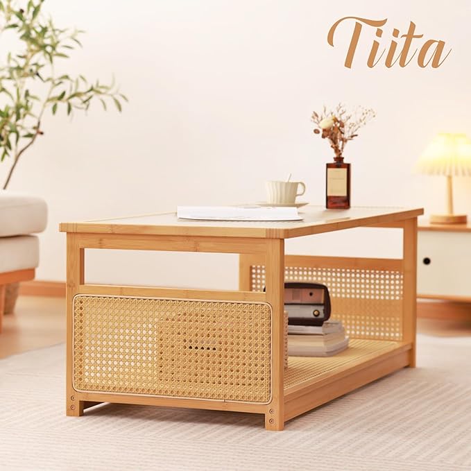 Tiita Coffee Tables for Living Room，Mid Century Modern Storage 2-Tier Coffee Tables，Rattan Glass RectangleTables，Suitable for Living Room Apartment，Wood