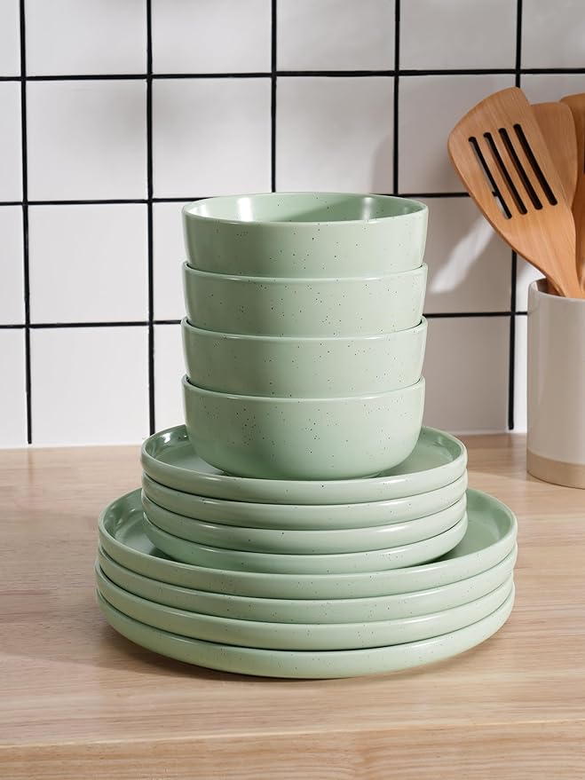 Famiware Dawn 24 Pieces Dinnerware Set, Speckled Plates and Bowls Sets for 8, Matte Dish Set, Microwave and Dishwasher Safe, Light Green