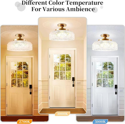 Lamomo Semi Flush Mount Ceiling Light, Upgraded Larger Golden Hallway Light Fixture, 3-Bulb Globe Glass Close to Ceiling Scone,Indoor Hanging Light for Bedroom Kitchen Porch Hallway,Bulbs Not Included