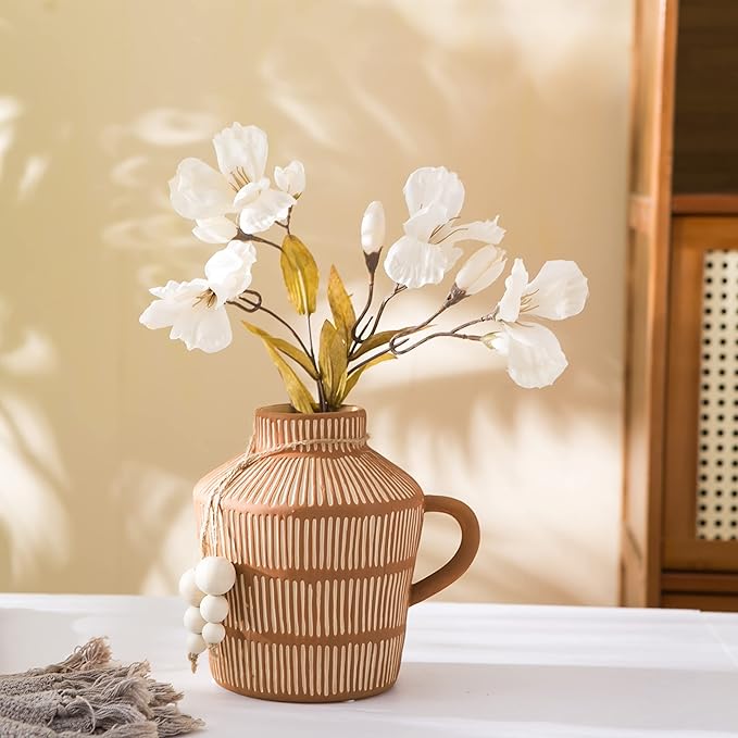 Rustic Farmhouse Vase with Handle and Boho Wooden Beads - Terracotta Vase with Vertical Stripes for Vintage Home Decor