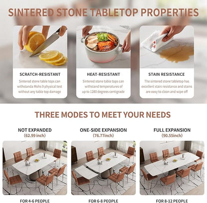 Modern Dining Table, Seats 8-10, Extendable Sintered Stone Dining Table, White Top, Saddle Leather Pedestal Table, 90 in.