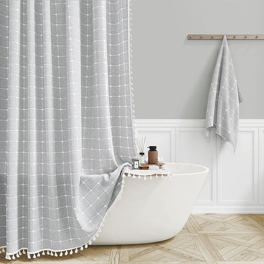 BTTN 78 Inch Long Shower Curtain - Boho Farmhouse Linen Ultra Thick Fabric Shower Curtain Set with Plastic Hooks, Tall Rustic Country Luxury Cloth Shower Curtains for Bathroom Decor, Gray/Grey, 72x78