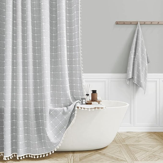 BTTN 80 Inch Long Shower Curtain - 72x80 Boho Farmhouse Linen Vintage Fabric Shower Curtain Set with 12 Plastic Hooks, Aesthetic Rustic Country Weighted Cloth Shower Curtains for Bathroom - Grey/Gray