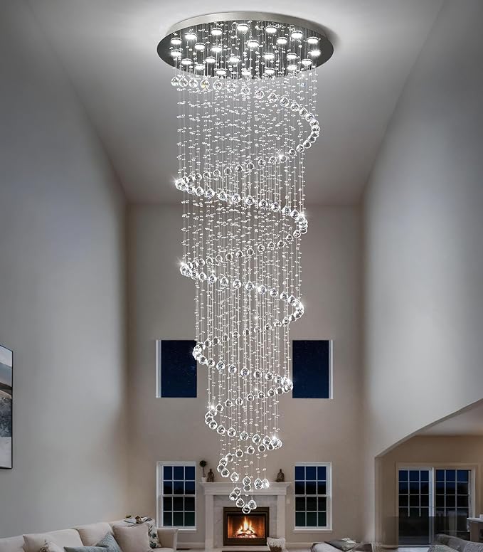 W47 x H118 High Ceiling Chandelier with LED Bulbs Dimmable Long Light Glam Chandeliers Crystal Pendants Light Fixtures for Foyer Entryway Living Room Stair Silver