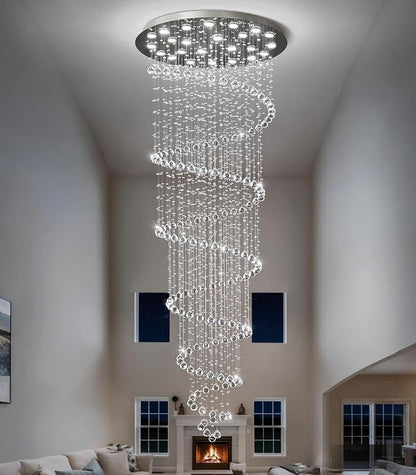 W47 x H118 High Ceiling Chandelier with LED Bulbs Dimmable Long Light Glam Chandeliers Crystal Pendants Light Fixtures for Foyer Entryway Living Room Stair Silver